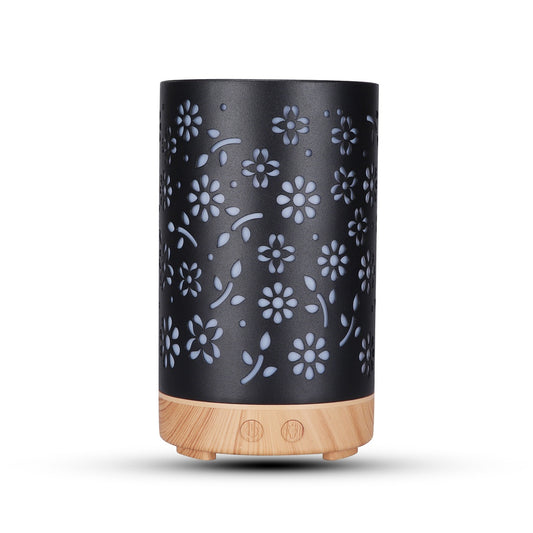 Gominimo Led Aromatherapy Essential Oil Diffuser 100ml Metal Cover Floral Design With Light Wood Base