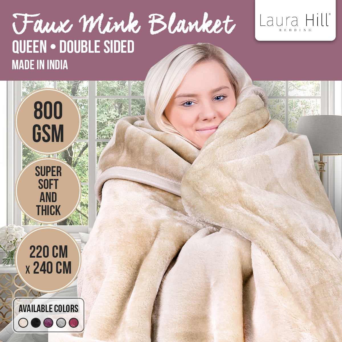 Laura Hill 800-gsm Faux Mink Throw Rug Blanket Queen Size Double-sided Large 220 X 240cm Heavy - Cream