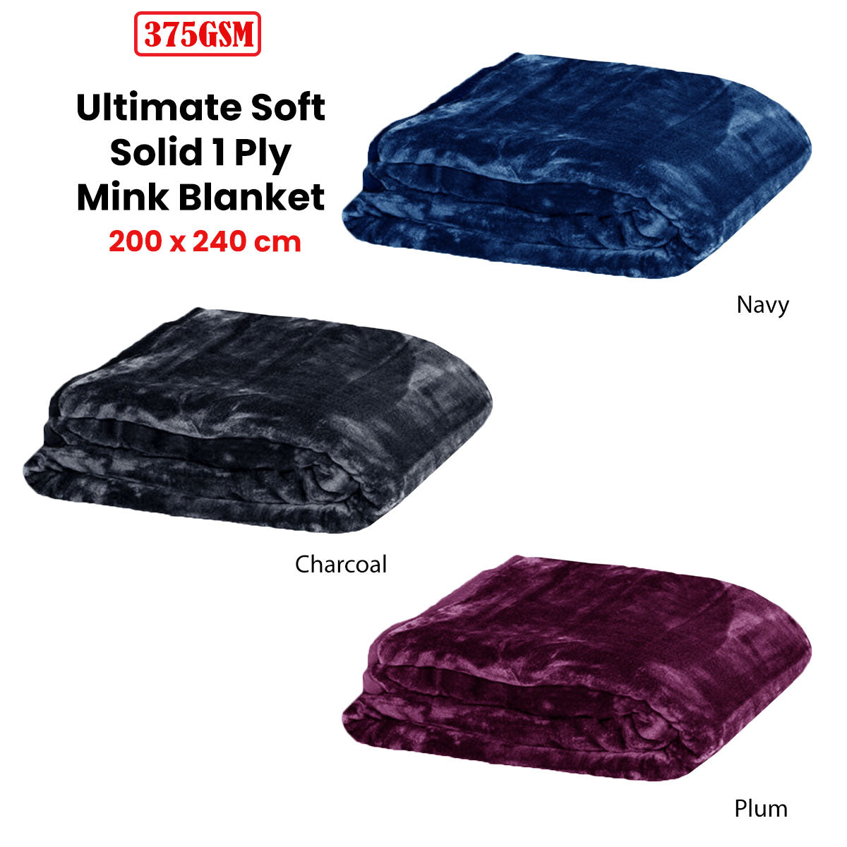 375gsm 1 Ply Solid Faux Mink Blanket Queen 200x240 cm Navy