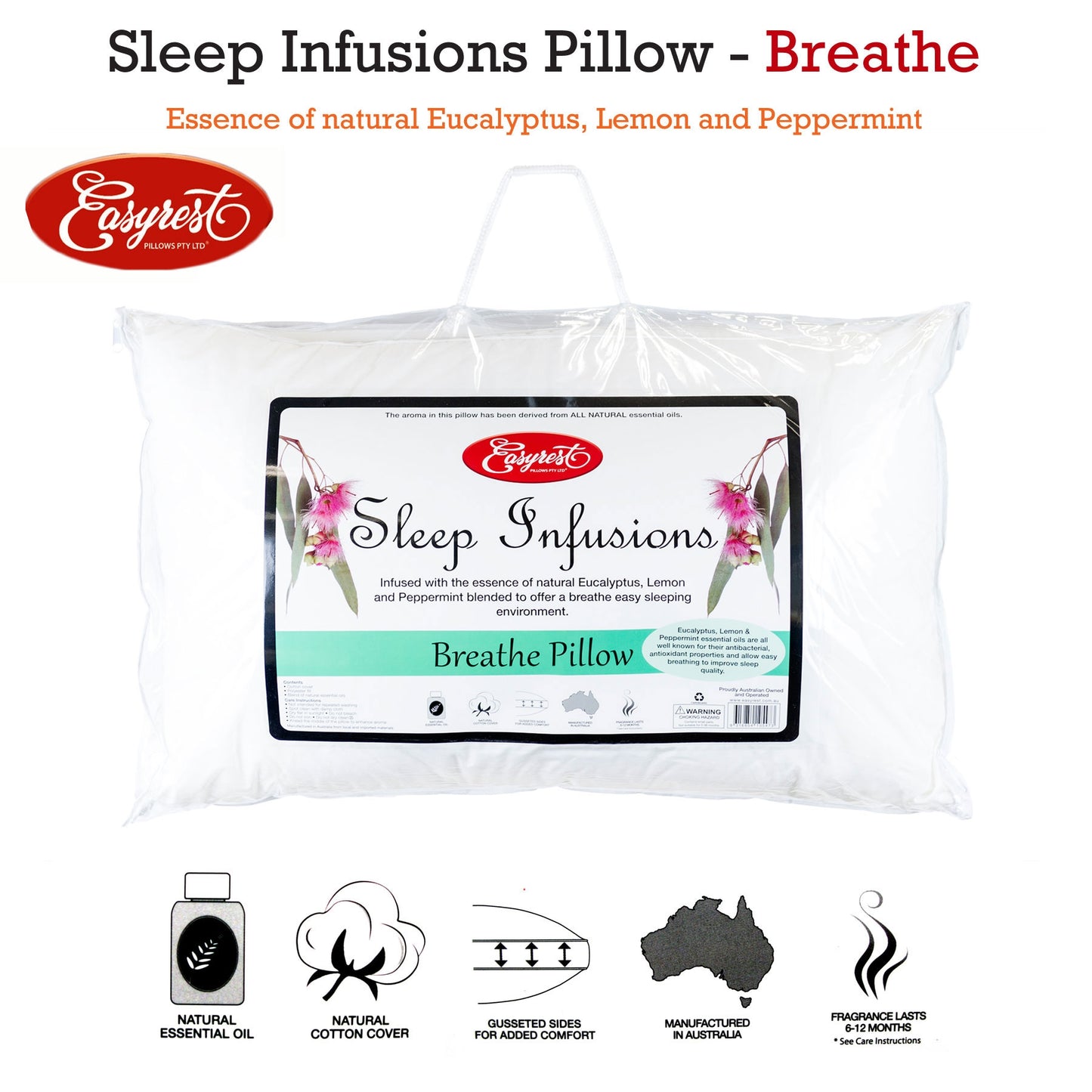 Easyrest Sleep Infusions Eucalyptus Lemon And Pepermint Breathe Standard Pillow