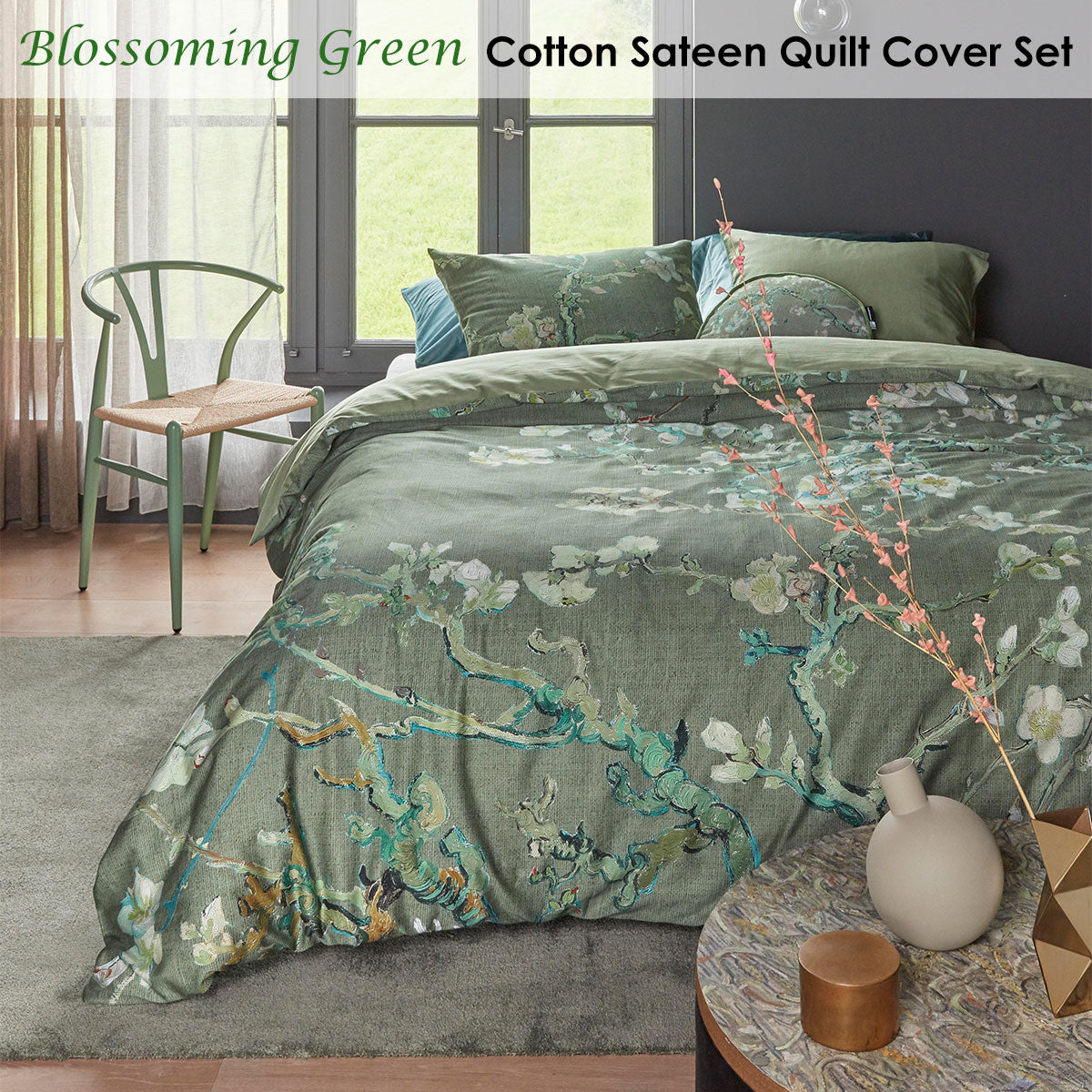 Bedding House Blossoming Green Cotton Sateen Quilt Cover Set Queen