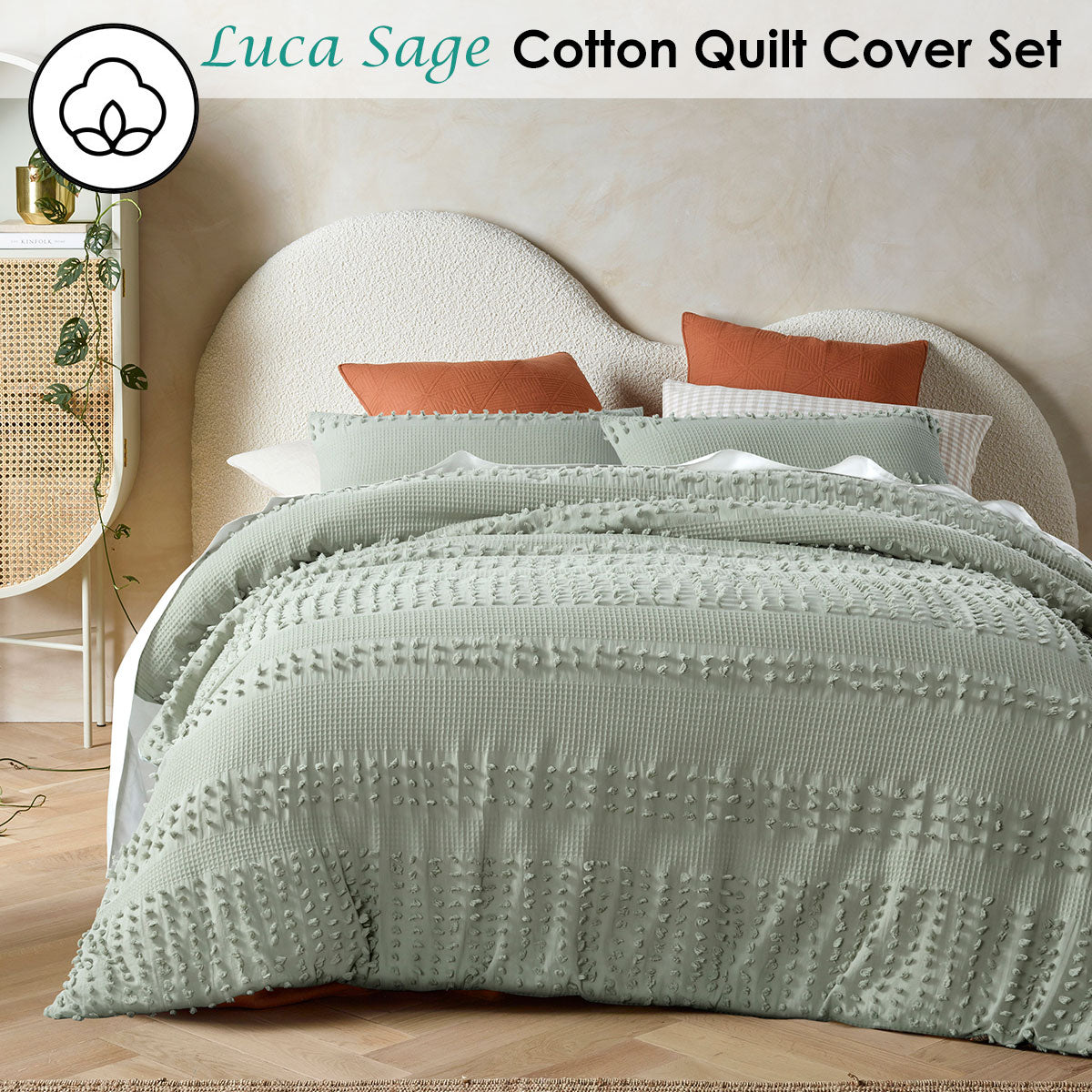 Vintage Design Homewares Luca Sage Cotton Quilt Cover Set Single