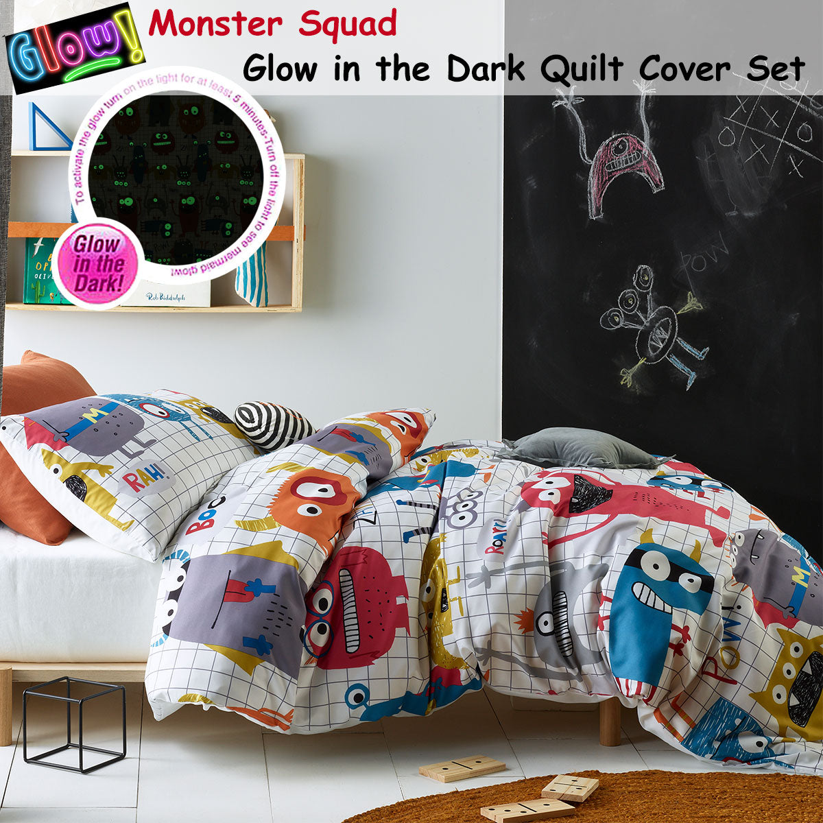 Happy Kids Monster Squad Glow in the Dark Quilt Cover Set Double