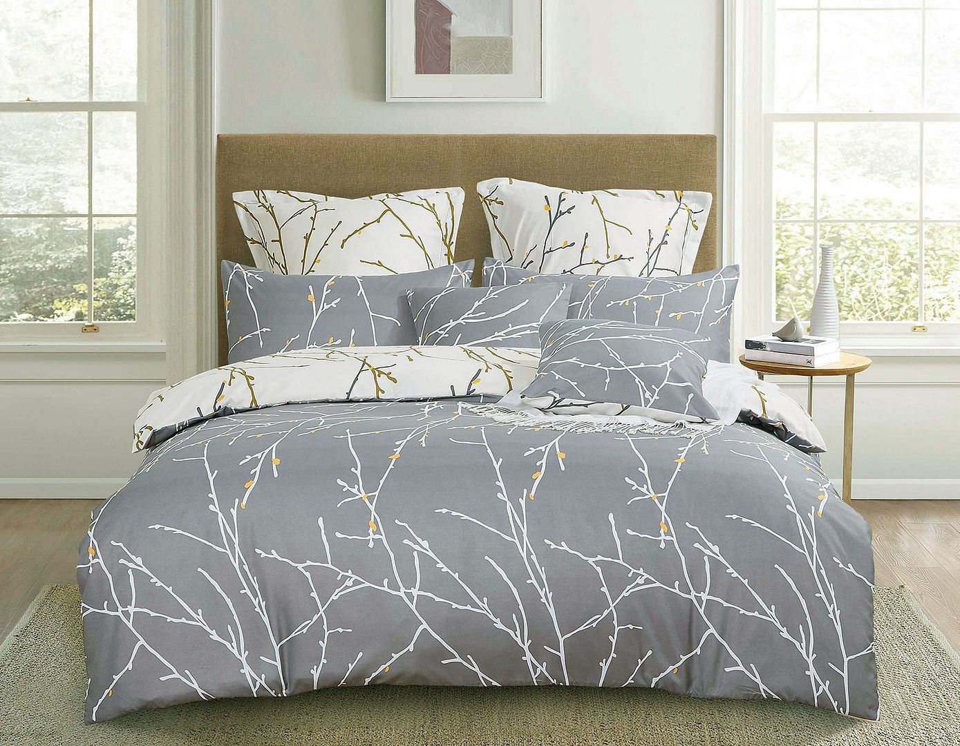 Tree Reversible Double Size Grey Duvet Quilt Cover Set