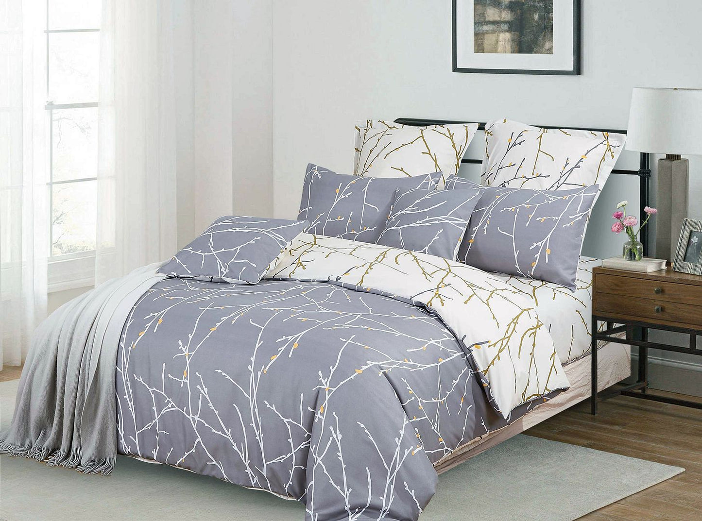 Tree Reversible Double Size Grey Duvet Quilt Cover Set