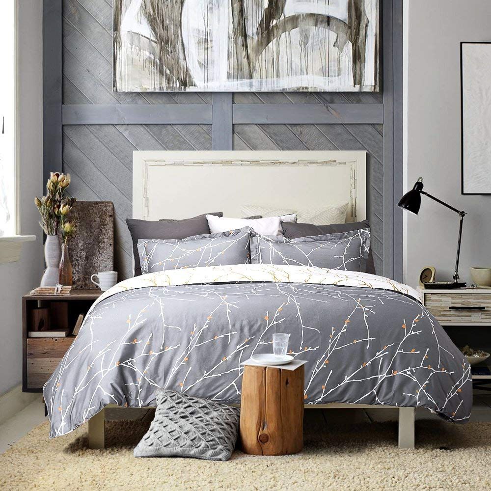 Tree Reversible Double Size Grey Duvet Quilt Cover Set