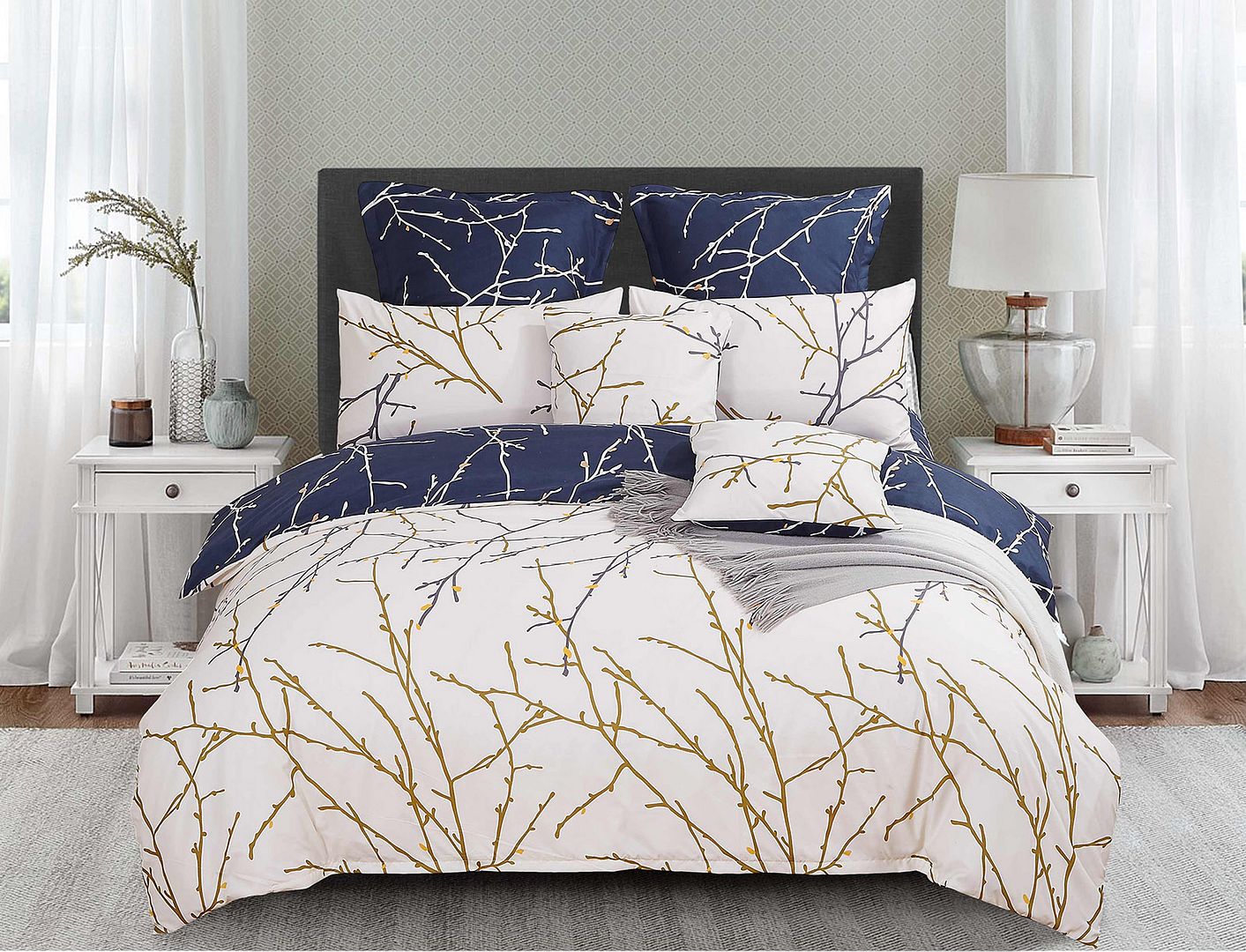 Tree Reversible Double Size Blue Duvet Quilt Cover Set