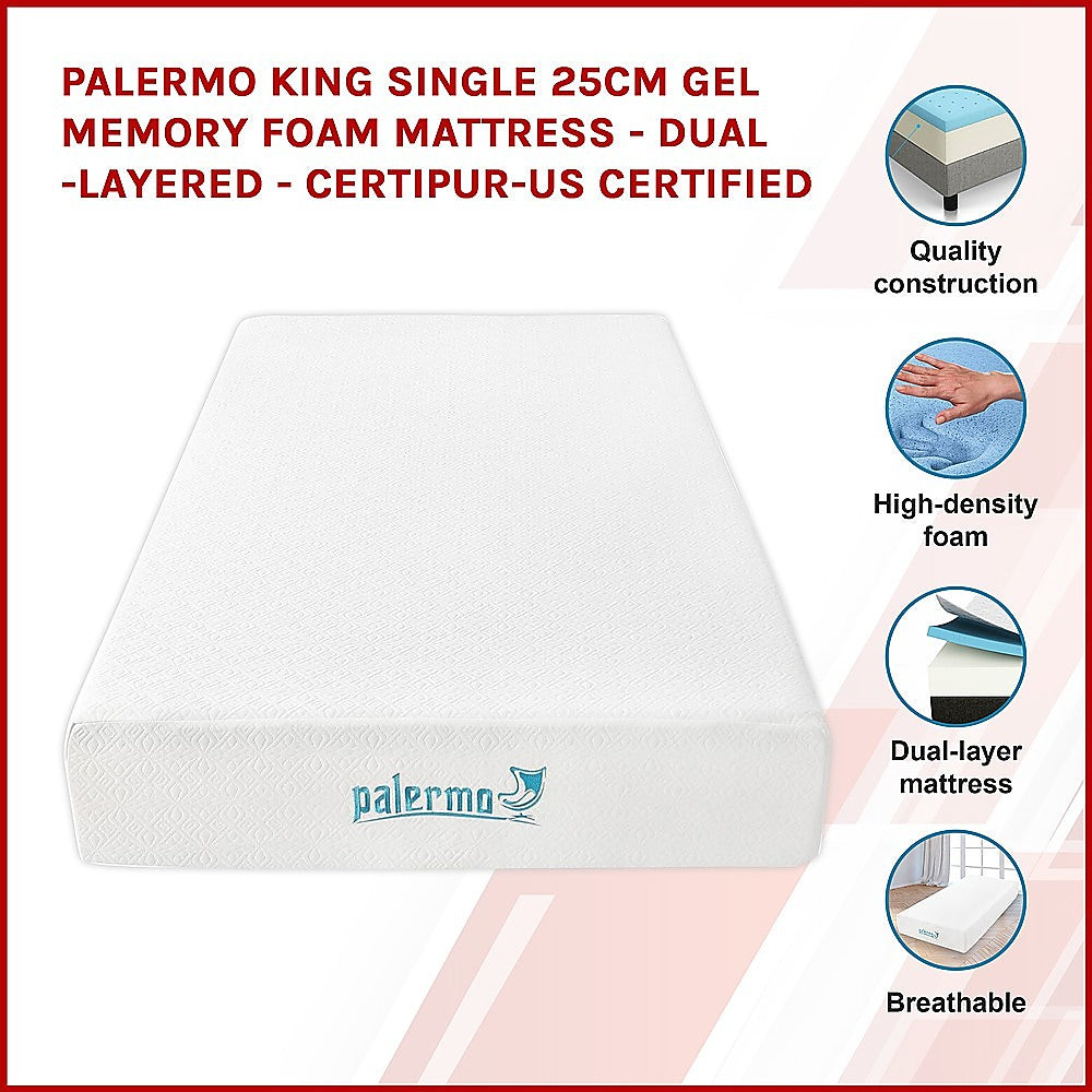 Palermo King Single 25cm Gel Memory Foam Mattress - Dual-Layered - CertiPUR-US Certified